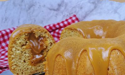 BOLO CHURROS COM RECHEIO E COBERTURA DE DOCE DE LEITE